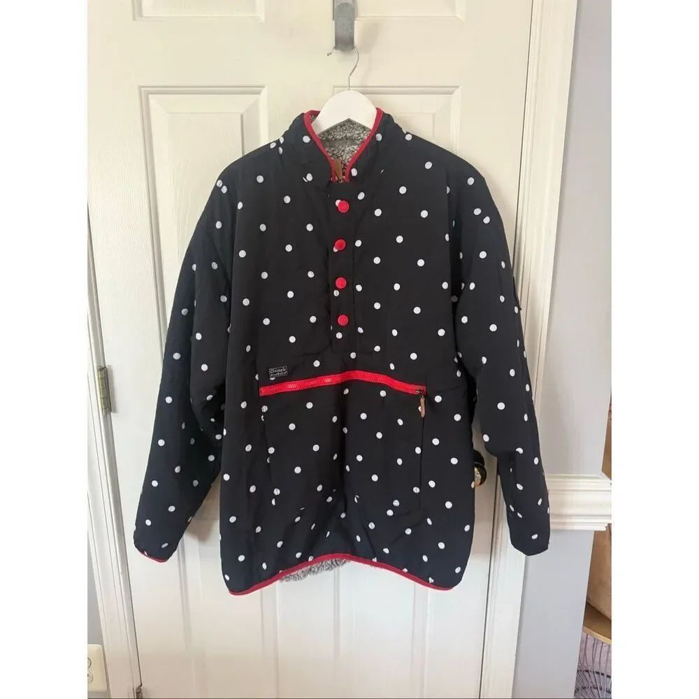 Simply Southern Black & White Polka Dot Red Trim Reversible Gray Fleece Pullover